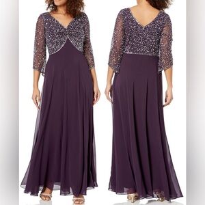 J Kara Women’s 3/4 Sleeve V-Neck Beaded Top Long Gown